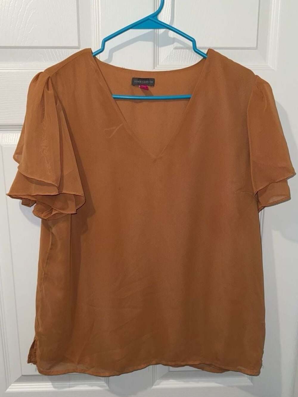 Vince Camuto Women's Flutter Sleeve V-Neck Chiffon Blouse in Burnt Orange